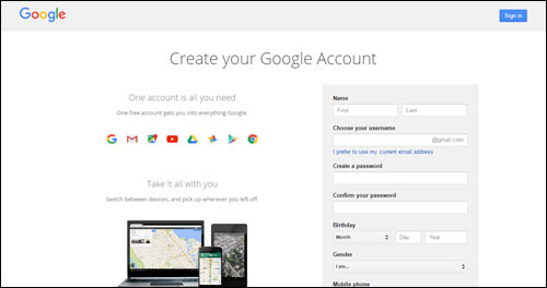 Google account signup page