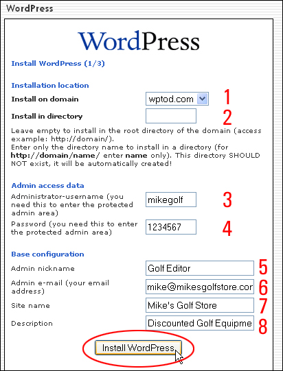 Fantastico- WordPress Installation Screen