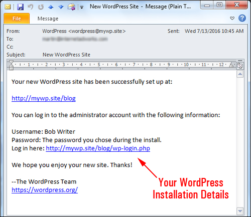 WordPress Installation Email