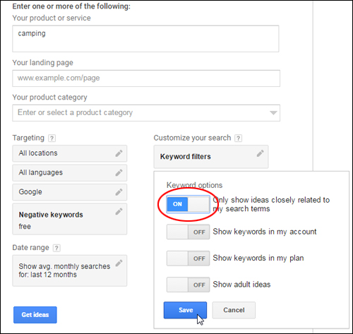 Narrow your list to keywords related to your search terms
