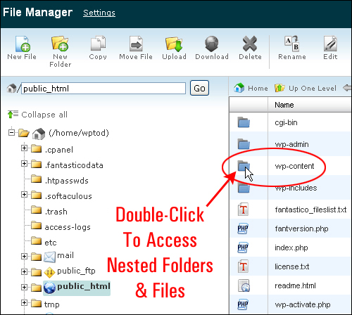 Double-click folders to access nested folders and files