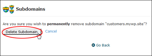Click 'Delete Subdomain' to confirm deletion