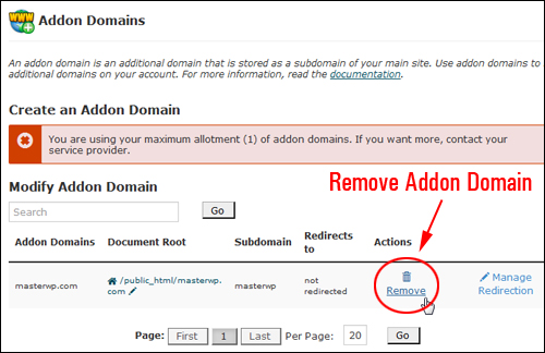 Deleting addon domains
