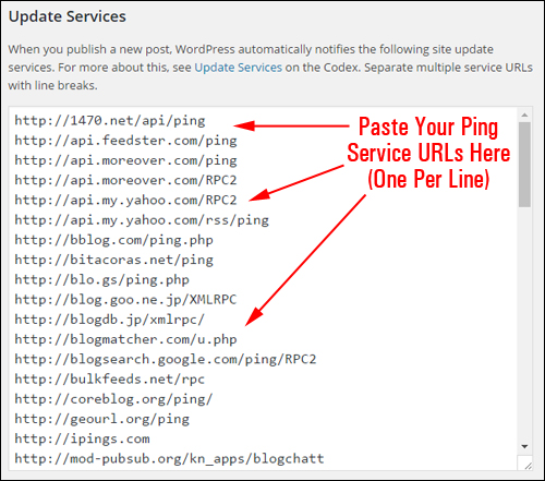 Paste your ping service URLs in this box