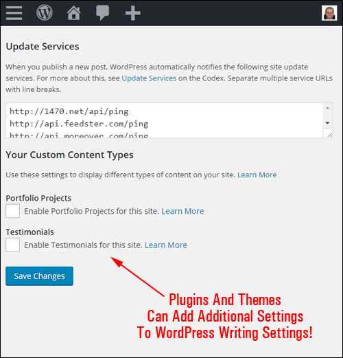 Plugins and themes can add additional options to the WordPress Writing Settings section