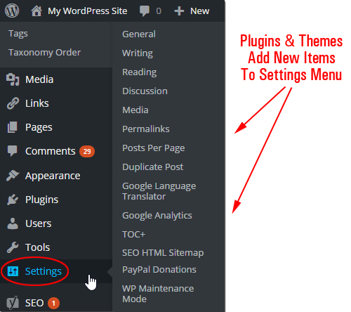 Plugins and themes can add new items to your Settings menu