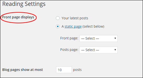 Reading Settings - 'Front page' displays settings
