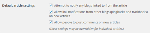 WordPress Discussion Settings - Default article settings section