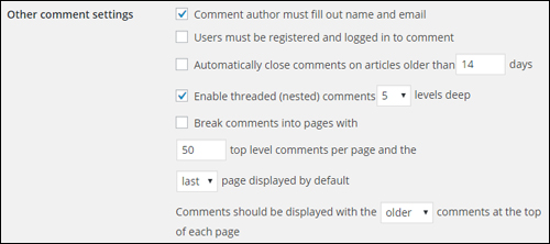 WordPress Discussion Settings - Other comment settings section