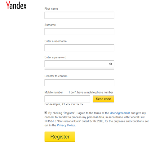 Yandex.Webmaster online registration form