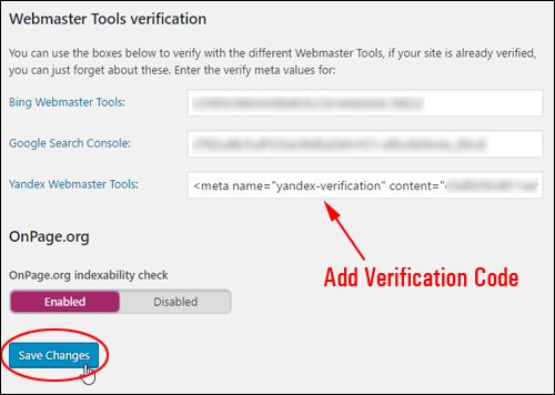 Add Yandex Verification Code To Yoast SEO Webmaster Tools