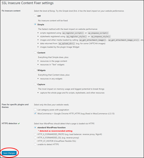 SSL Insecure Content Fixer settings screen