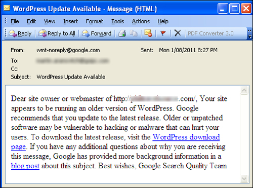 Even Google will notify you of updates to WordPress