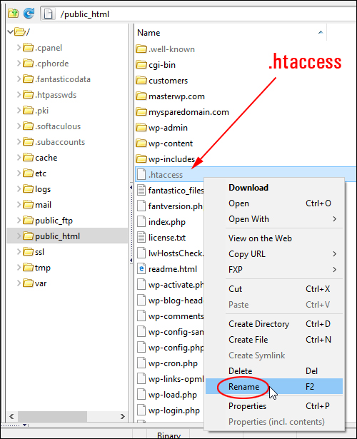 Select .htaccess and click Rename