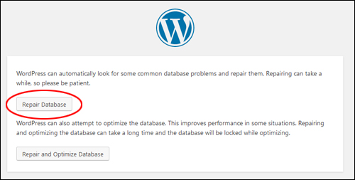 WordPress Database Repair screen