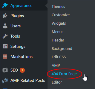 Appearance > 404 Error Page