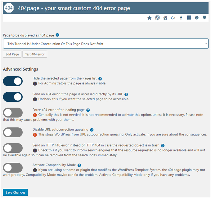 404page plugin settings