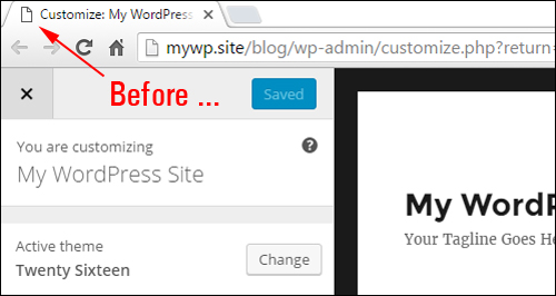 Uploading a Favicon using the Theme Customizer feature - before