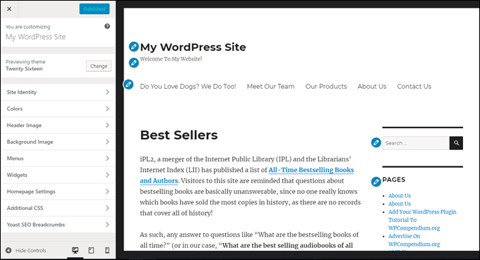 WordPress Theme Customizer screen