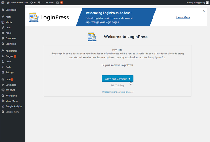 LoginPress welcome screen