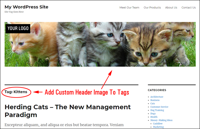 Custom header image added to tag archive pages
