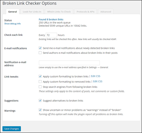 Broken Link Checker Options Screen