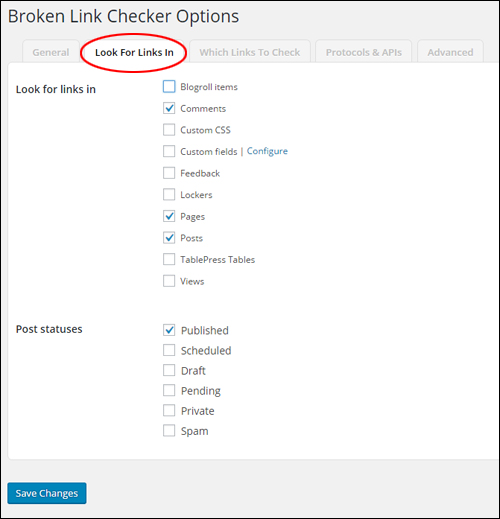 Broken Link Checker > 'Look For Links In' Settings
