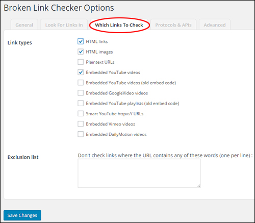 Broken Link Checker Options > 'Which Links To Check' Tab