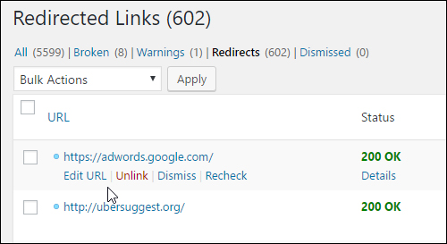 Redirected Links - Options menu