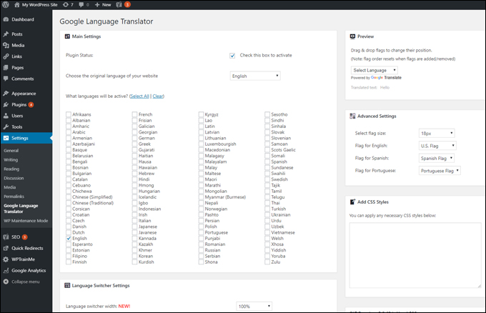 Google Language Translator settings screen