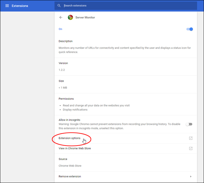 Click on 'Extension options'