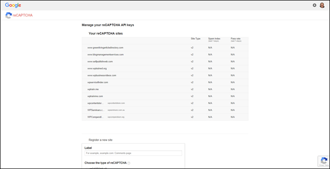 reCAPTCHA API keys management screen