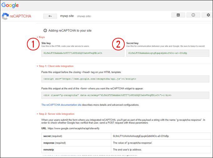 reCaptcha keys