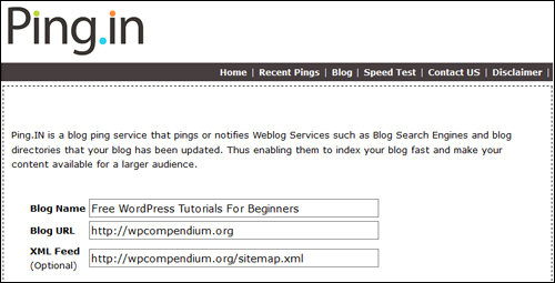 Enter your site details into Ping.in