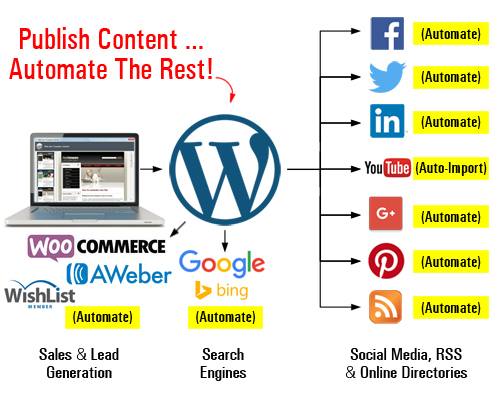 Set up an automated content distribution, lead and traffic generation, and sales and marketing system with WordPress