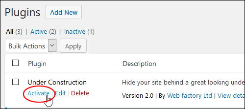 Plugins Screen - Activate Under Construction Page