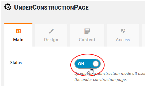 Under Construction Page Settings - Main > Status