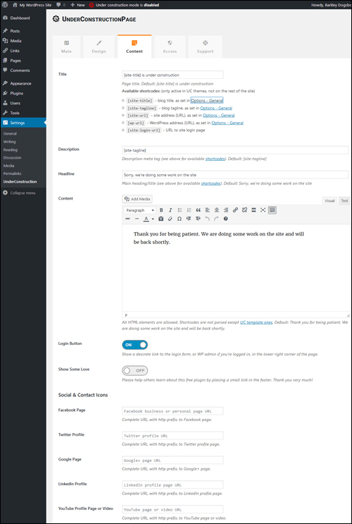Under Construction Page Settings - Content