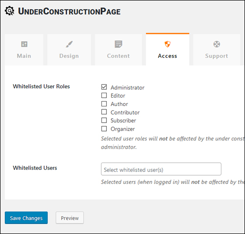 Under Construction Page Settings - Access