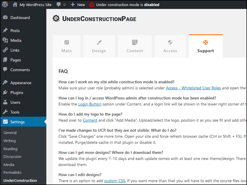 Under Construction Page Settings - Support