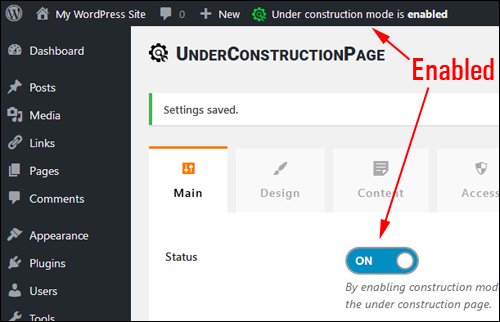 Under Construction Page plugin enabled