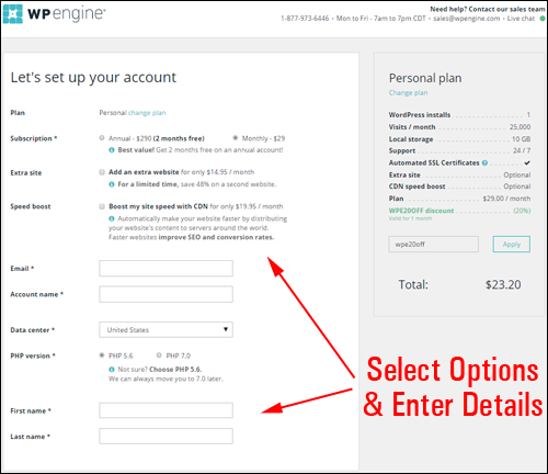 Select options and enter your details