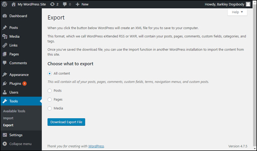 WordPress Tools > Export screen
