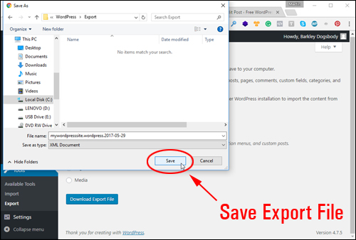 Save your WordPress export file
