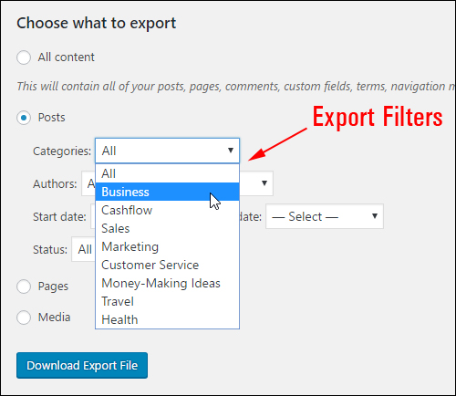 Post export filter: Categories