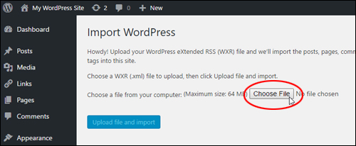 Import WordPress - Choose File