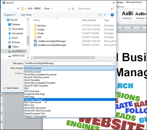 Choose 'Web Page, Filtered' to save your book for KDP