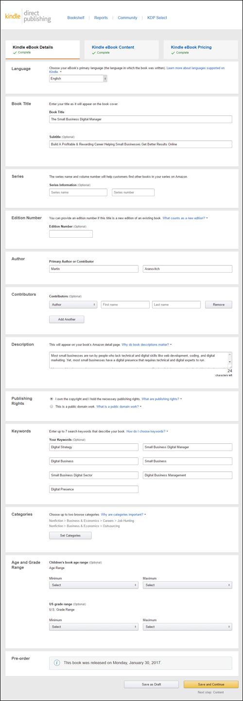 Amazon KDP eBook Details screen
