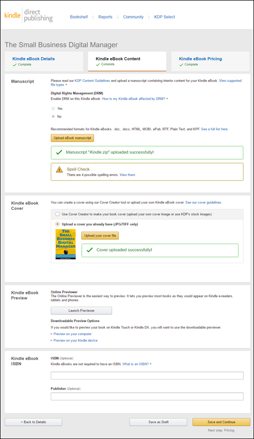 Amazon KDP eBook Content screen