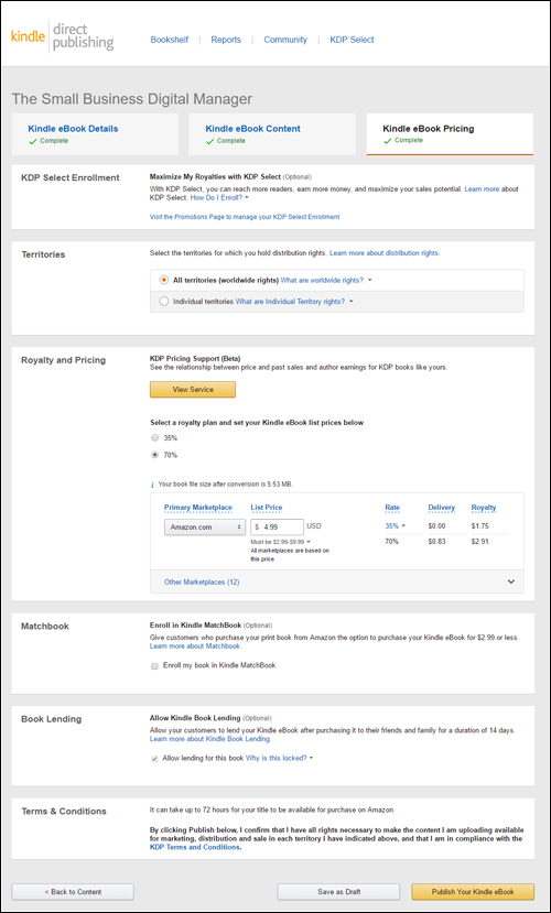 Amazon KDP eBook Pricing screen